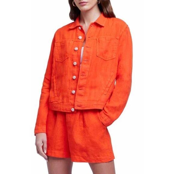 L’Agence Celine Orange Linen Button Front Utility Trucker Jacket Size XS - Picture 1 of 14